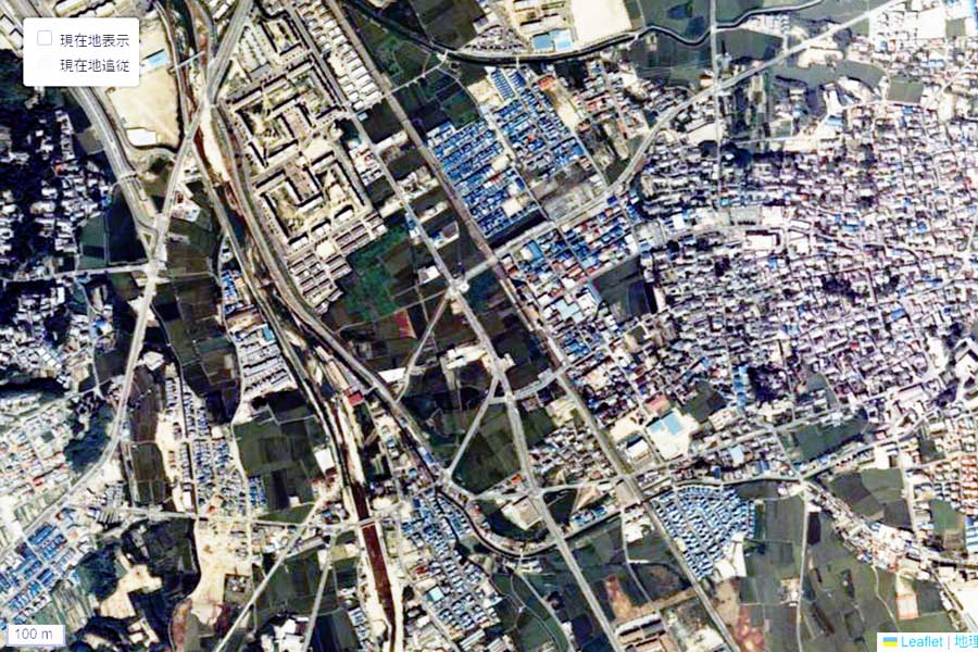 1980年頃の「交野市駅」周辺の航空写真（画像：国土地理院）