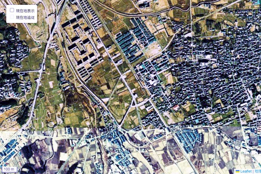 1975年頃の「交野市駅」周辺の航空写真（画像：国土地理院）