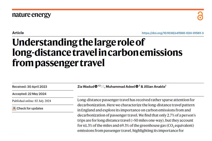 論文『Understanding the large role of long-distance travel in carbon emissions from passenger travel（旅客輸送による二酸化炭素排出量における長距離移動の大きな役割の理解）』（画像：nature energy）