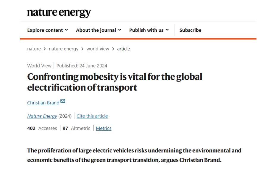 論文『Confronting mobesity is vital for the global electrification of transport(モビシティとの対決は世界の輸送電化に不可欠)』(画像:Nature Energy)