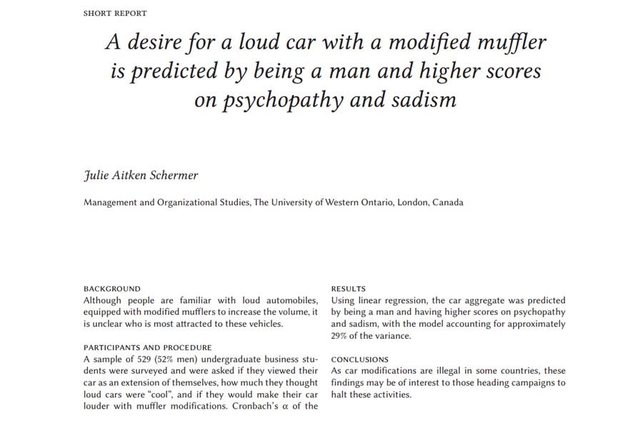 論文『A desire for a loud car with a modified muffler is predicted by being a man and higher scores on psychopathy and sadism(マフラーを改造した大音量のクルマが欲しいという欲求は、男性であることと、サイコパスとサディズムのスコアが高いことから予測される)』(画像:Current Issues in Personality Psychology)