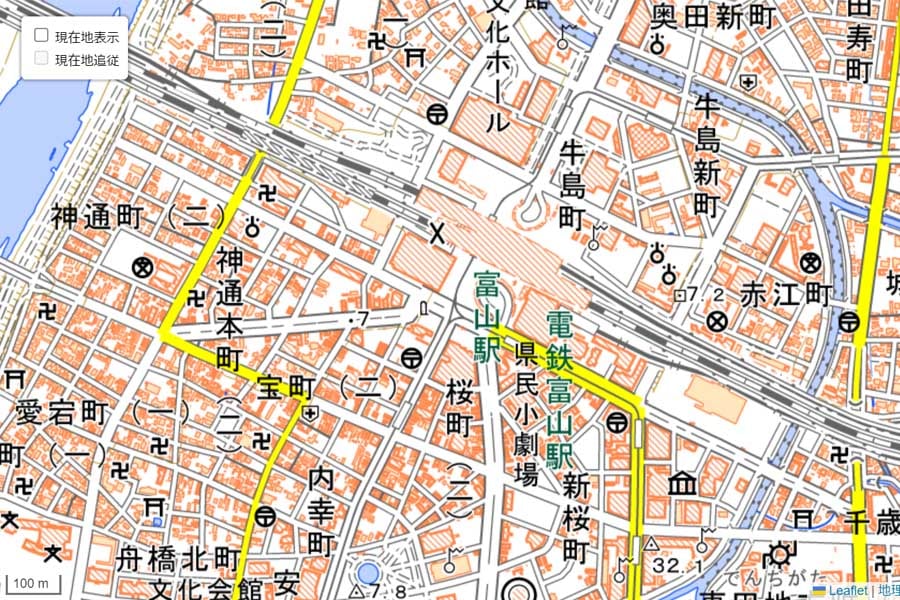 現在の「富山駅」周辺の地図（画像：国土地理院）