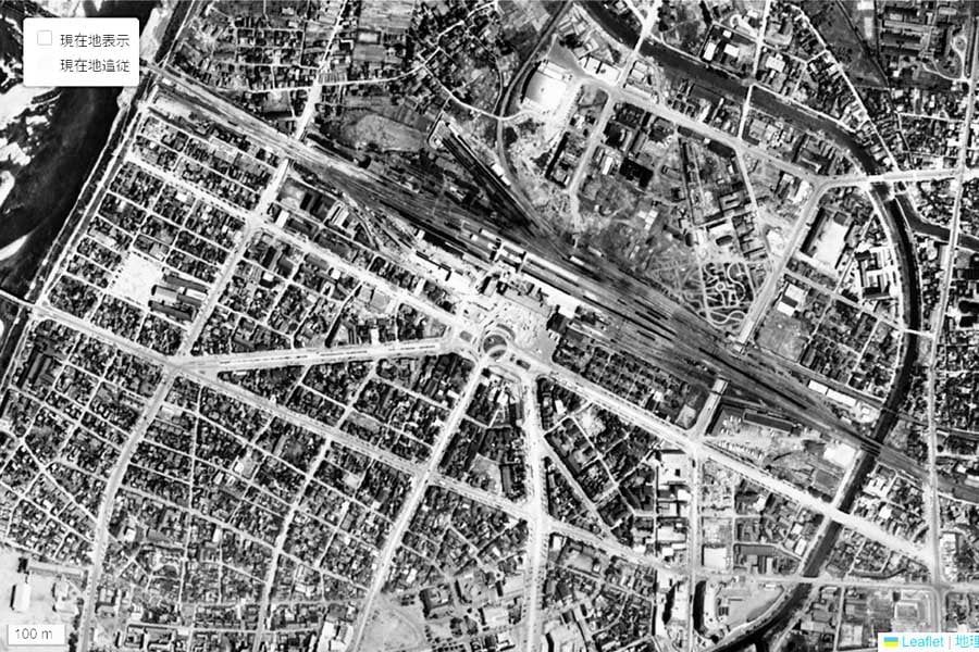 1963年頃の「富山駅」周辺の航空写真（画像：国土地理院）