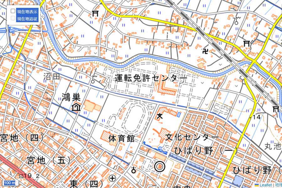 現在の「埼玉県警運転免許センター」周辺の地図（画像：国土地理院）