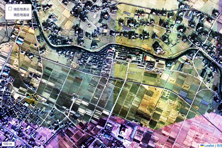 1975年頃に撮影された「埼玉県警運転免許センター」周辺の航空写真（画像：国土地理院）