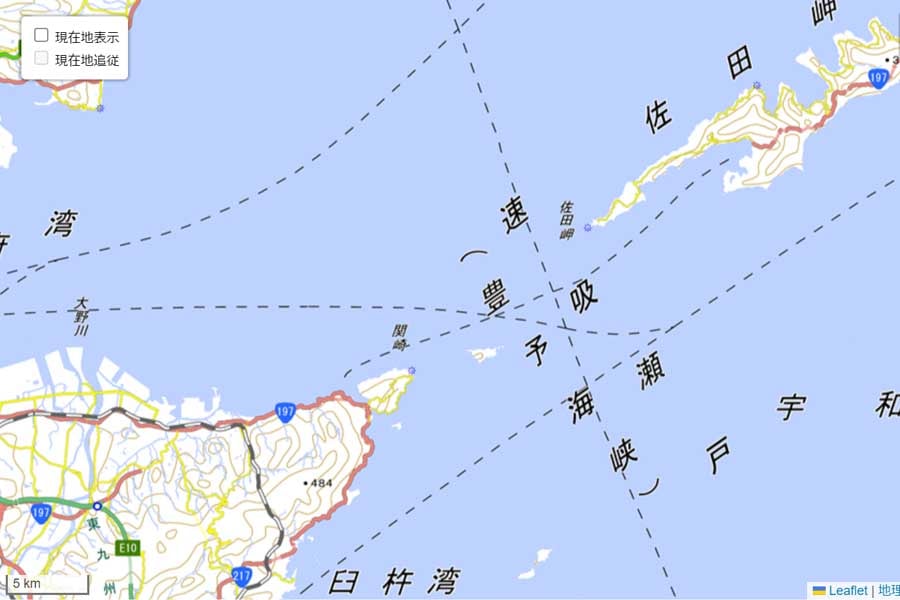 現在の「豊予海峡ルート」周辺の地図（画像：国土地理院）
