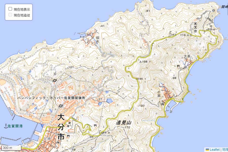 現在の「佐賀関半島」周辺の地図（画像：国土地理院）