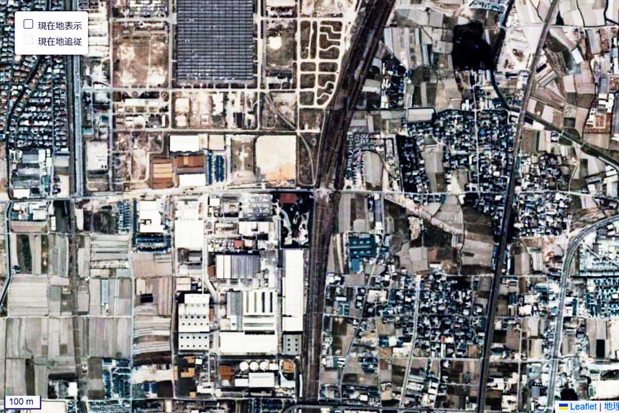 1975年頃に撮影された「JR桂川駅」周辺の航空写真（画像：国土地理院）