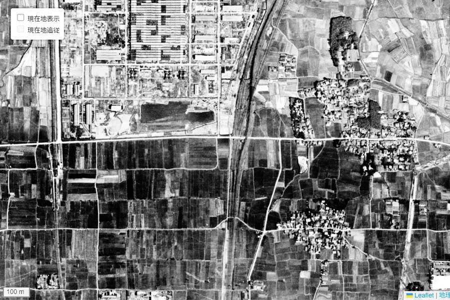 1947年頃に撮影された「JR桂川駅」周辺の航空写真（画像：国土地理院）