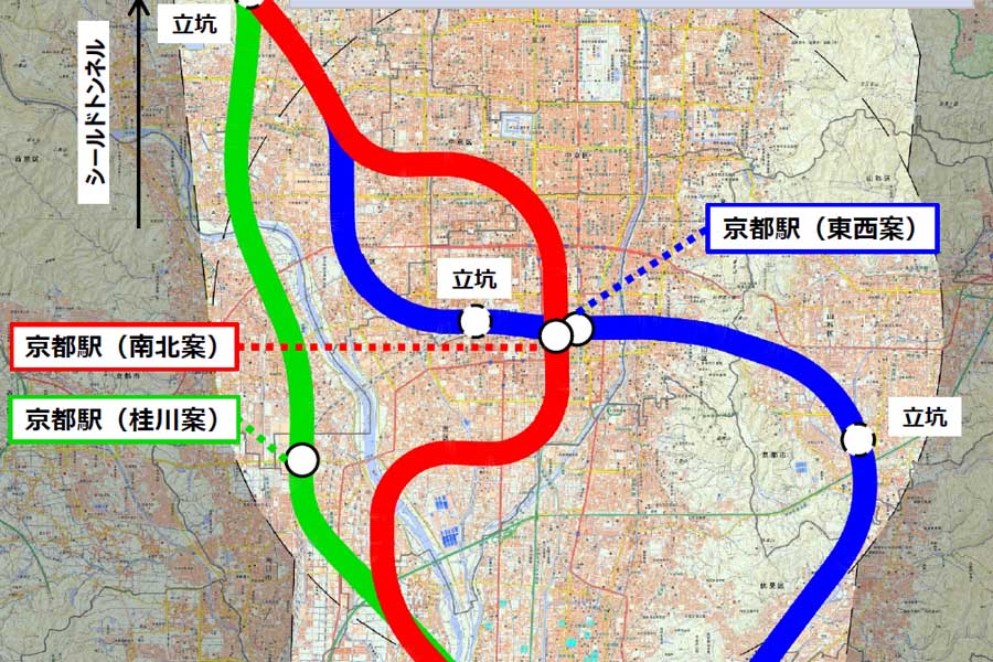 与党PTに提示された大阪延伸の詳細ルート。北陸新幹線（敦賀・新大阪間）詳細駅位置・ルート図（案）京都駅周辺図（画像：国土交通省）