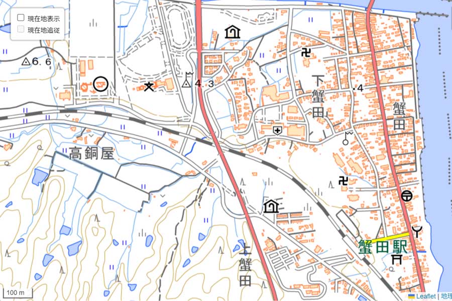 現在の「蟹田駅」周辺の地図（画像：国土地理院）