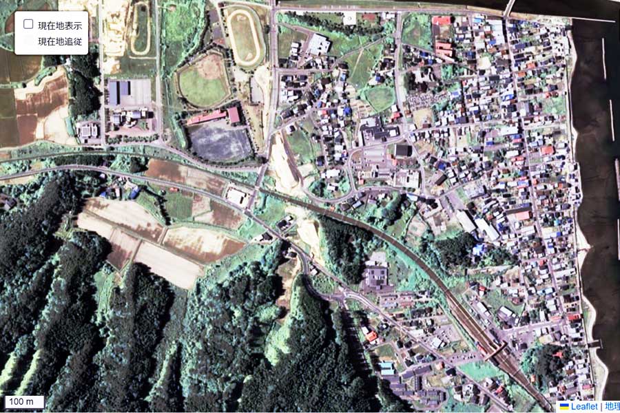 現在の「蟹田駅」周辺の航空写真（画像：国土地理院）