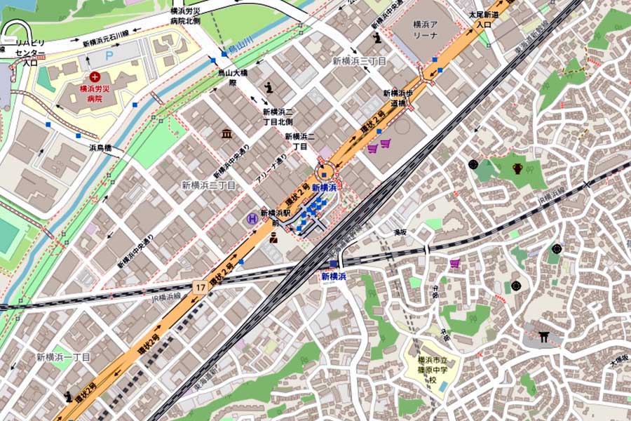 現在の新横浜駅周辺の地図（画像：国土地理院）