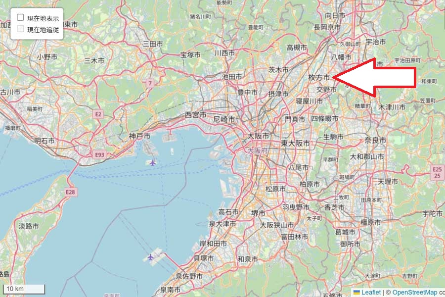 枚方市の位置（画像：OpenStreetMap）