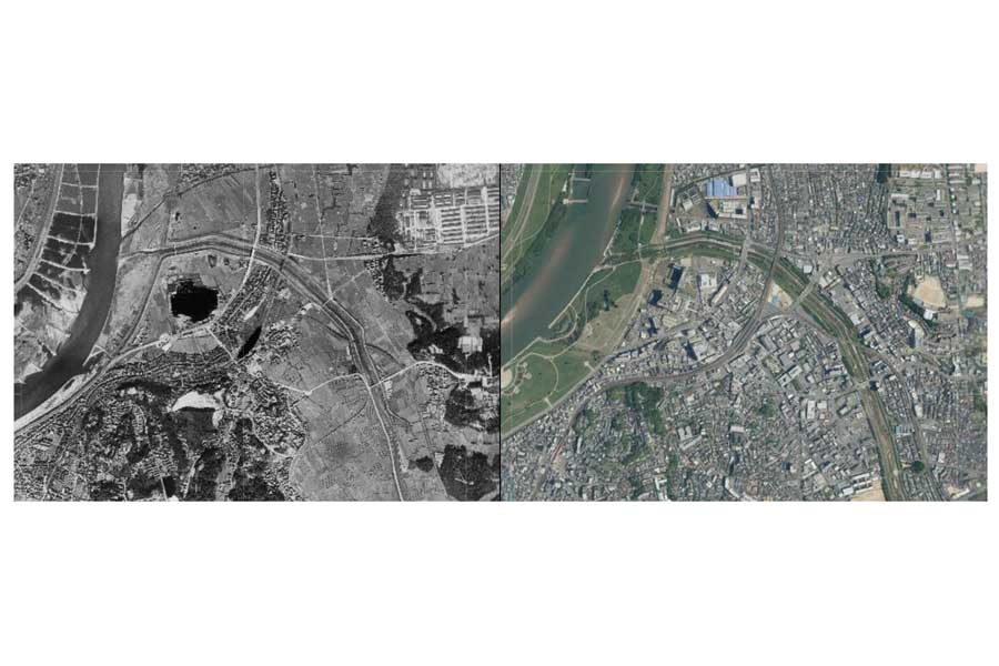 1928（昭和3）年の枚方市駅周辺（左）と現在（画像：国土地理院、今昔マップ）