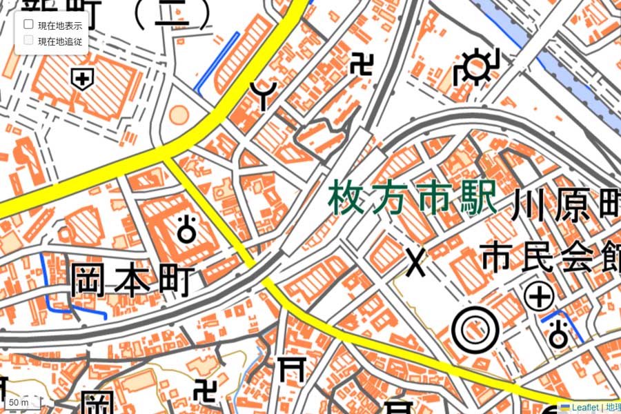 現在の「枚方市駅」周辺の地図（画像：国土地理院）