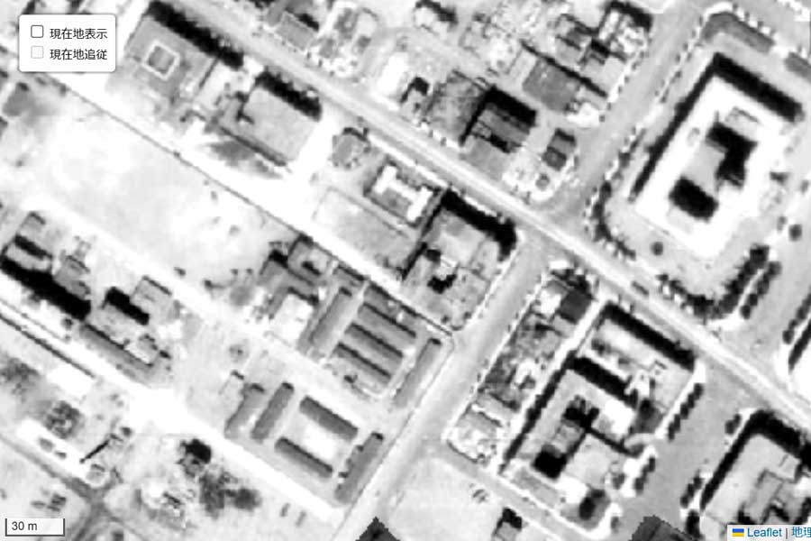 1947年頃に撮影された「岡倉天心の生誕之地」周辺の航空写真（画像：国土地理院）