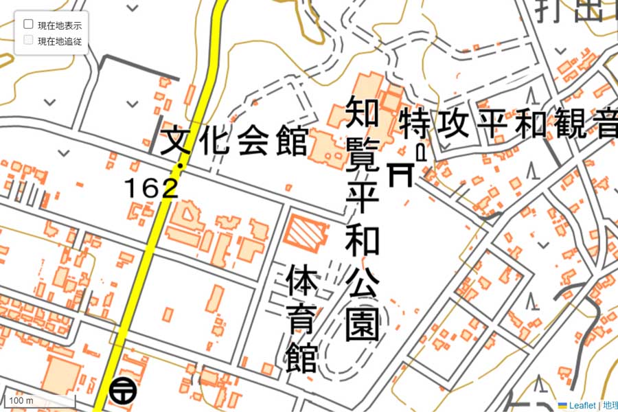 現在の「知覧特攻平和会館」周辺の地図（画像：国土地理院）