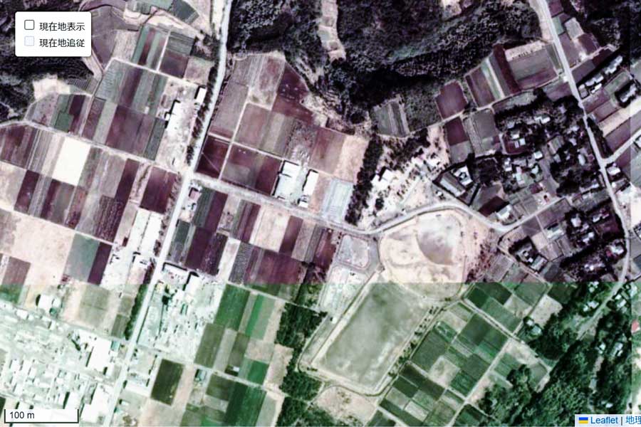 1975年頃に撮影された「知覧特攻平和会館」周辺の航空写真。開館は1987（昭和62）年（画像：国土地理院）