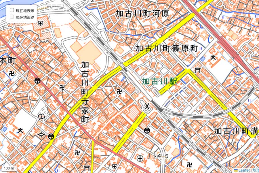現在の「加古川駅」周辺の地図（画像：国土地理院）