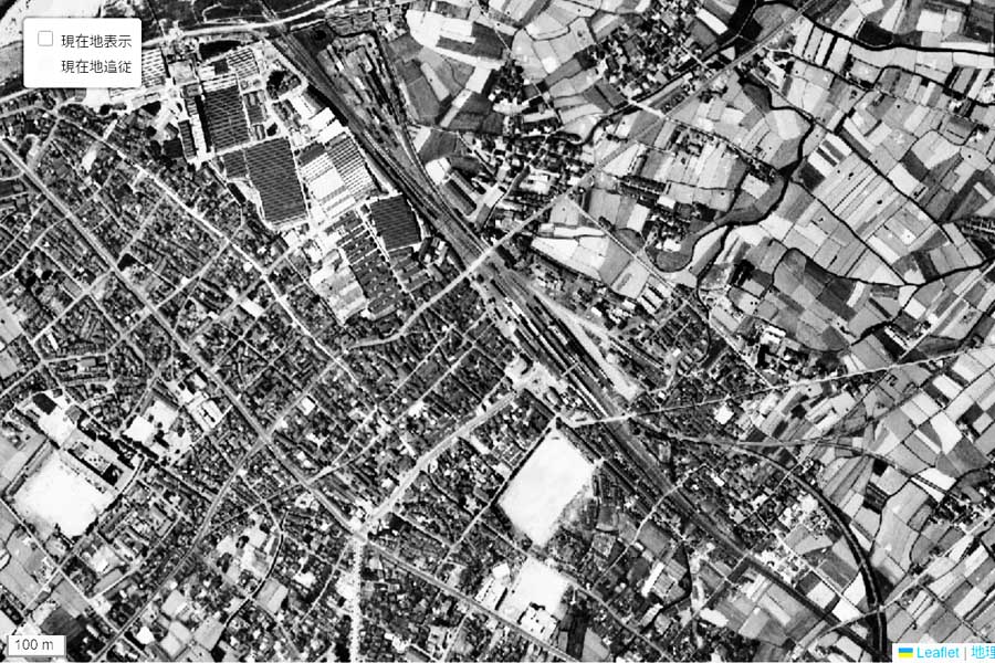 1963年頃に撮影された「加古川駅」周辺の航空写真（画像：国土地理院）