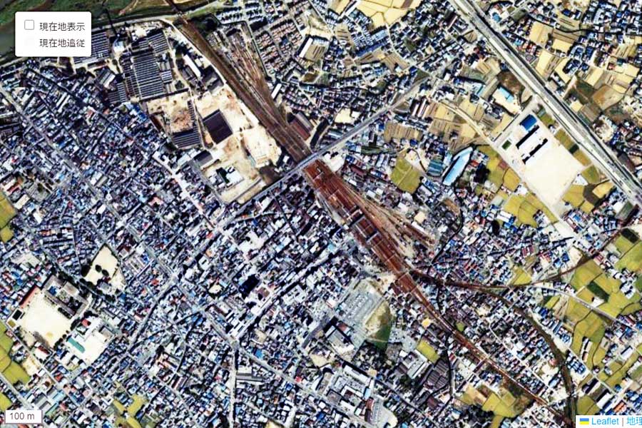 1980年頃に撮影された「加古川駅」周辺の航空写真（画像：国土地理院）