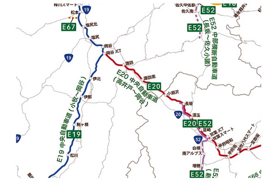 岡谷JCT周辺の路線図（画像：国土交通省）