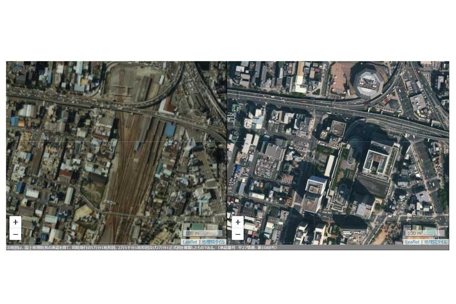 1985年頃のJR難波駅周辺(左)と現在(画像:国土地理院、今昔マップ)
