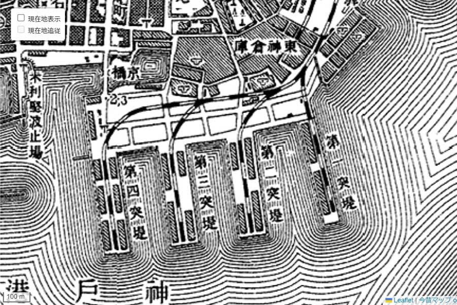 1920年頃の「神戸三宮フェリーターミナル」周辺の地図（画像：国土地理院）