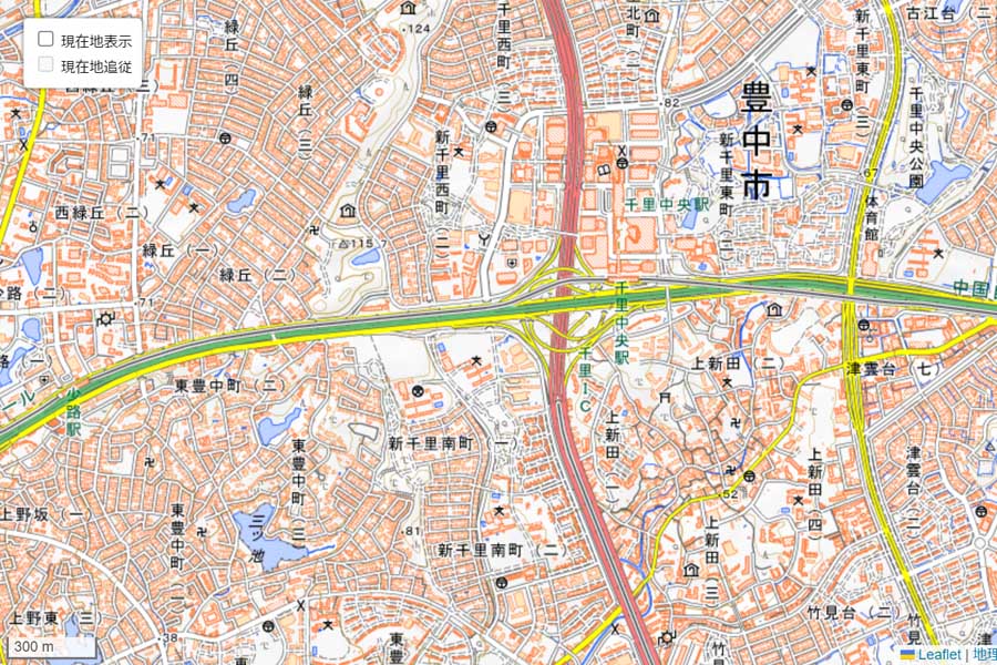 現在の「千里中央駅」周辺の地図（画像：国土地理院）