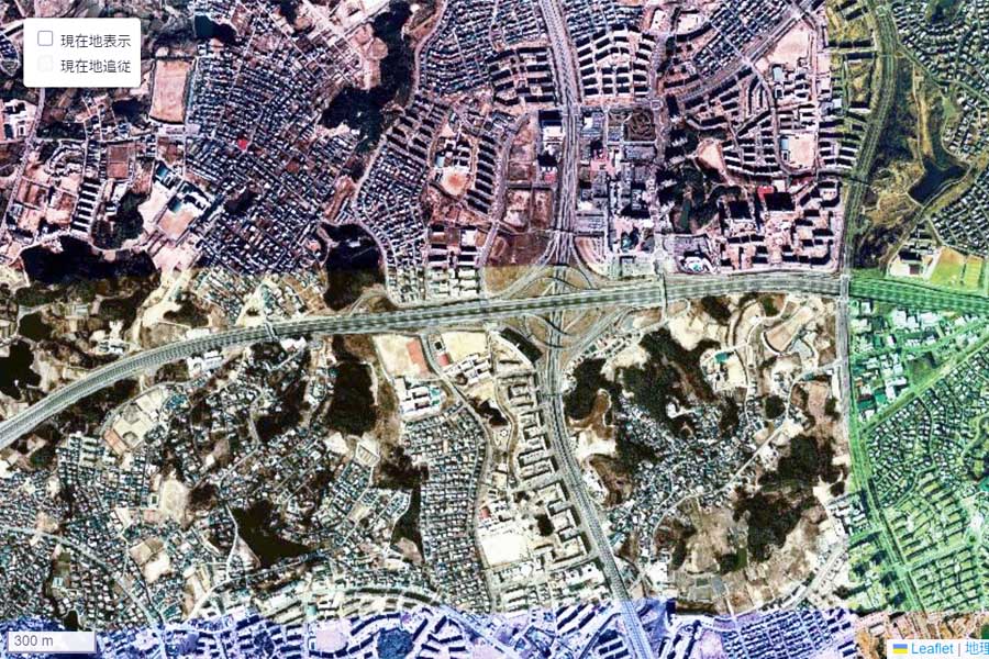 1975年頃に撮影された「千里中央駅」周辺の航空写真（画像：国土地理院）