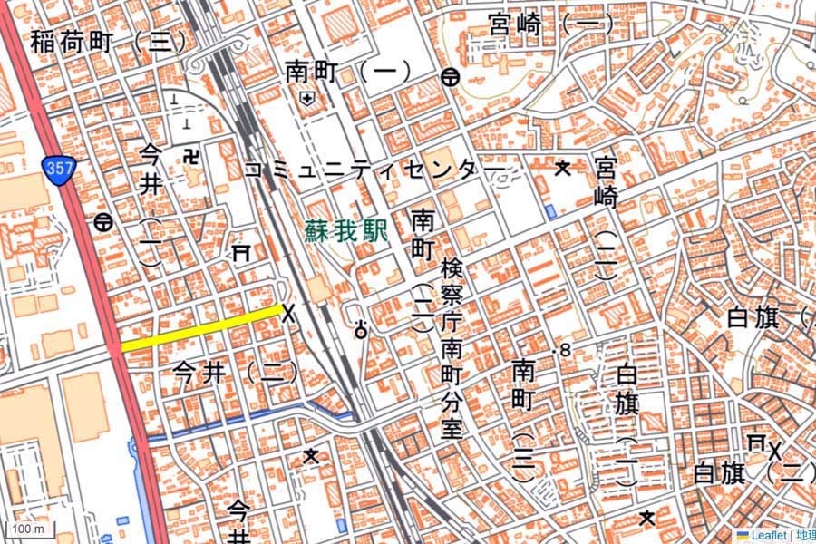 現在の「蘇我駅」周辺の地図（画像：国土地理院）