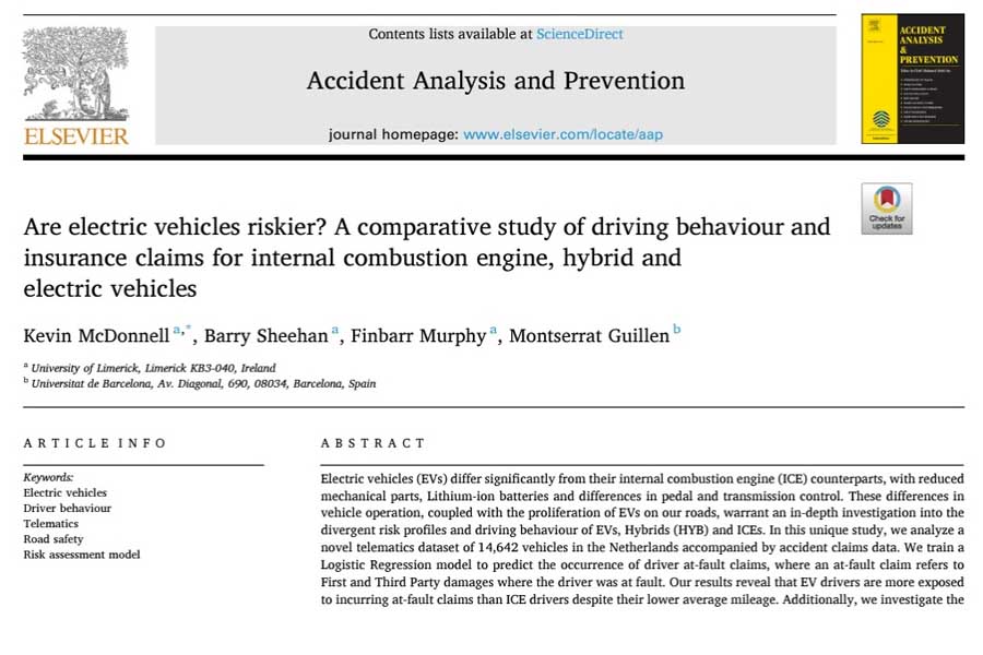 論文「Are electric vehicles riskier? A comparative study of driving behaviour and insurance claims for internal combustion engine, hybrid and electric vehicles（電気自動車はより危険なのか？ 内燃機関、ハイブリッド車、電気自動車の運転行動と保険請求の比較研究）」（画像：リムリック大学、バルセロナ大学）