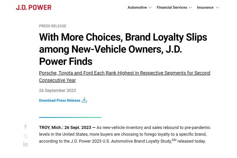 J.D.パワーの調査「With More Choices, Brand Loyalty Slips among New-Vehicle Owners, J.D. Power Finds（選択肢が増えると、新車オーナーのブランドロイヤルティーは低下する、とJ.D.パワーが発見）」（画像：J.D.パワー）