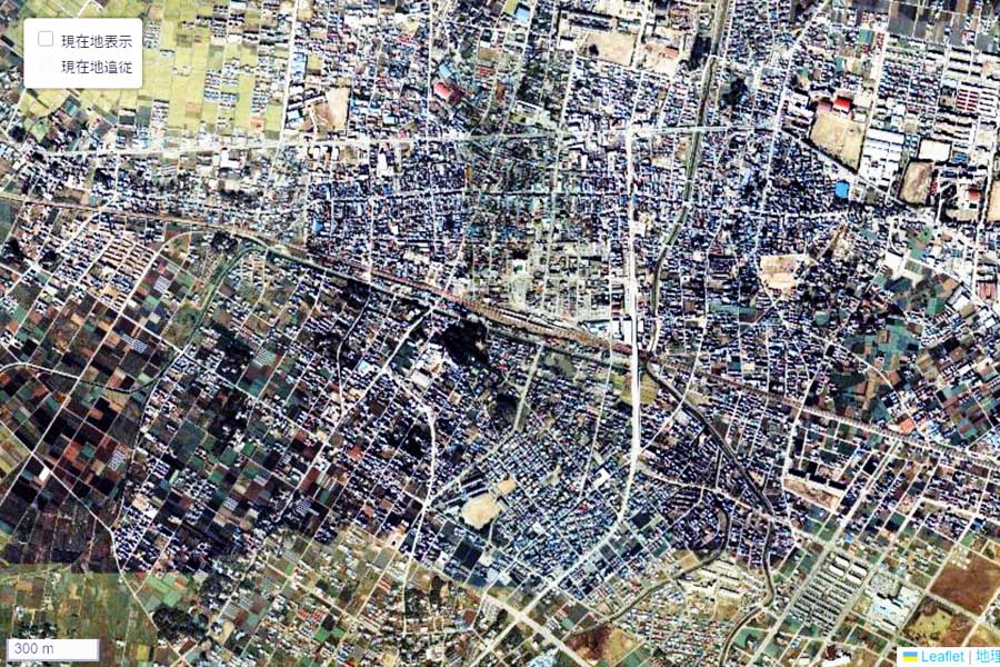 1980年頃の深谷駅周辺の航空写真（画像：国土地理院）