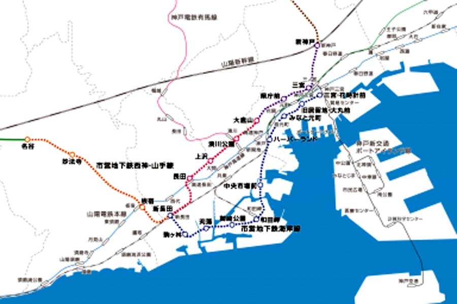 青い線が神戸市営地下鉄海岸線（画像：神戸市）