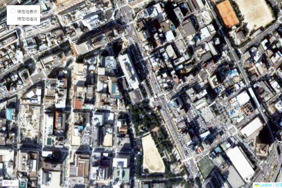 1985年頃の三宮・花時計前駅周辺の航空写真（画像：国土地理院）