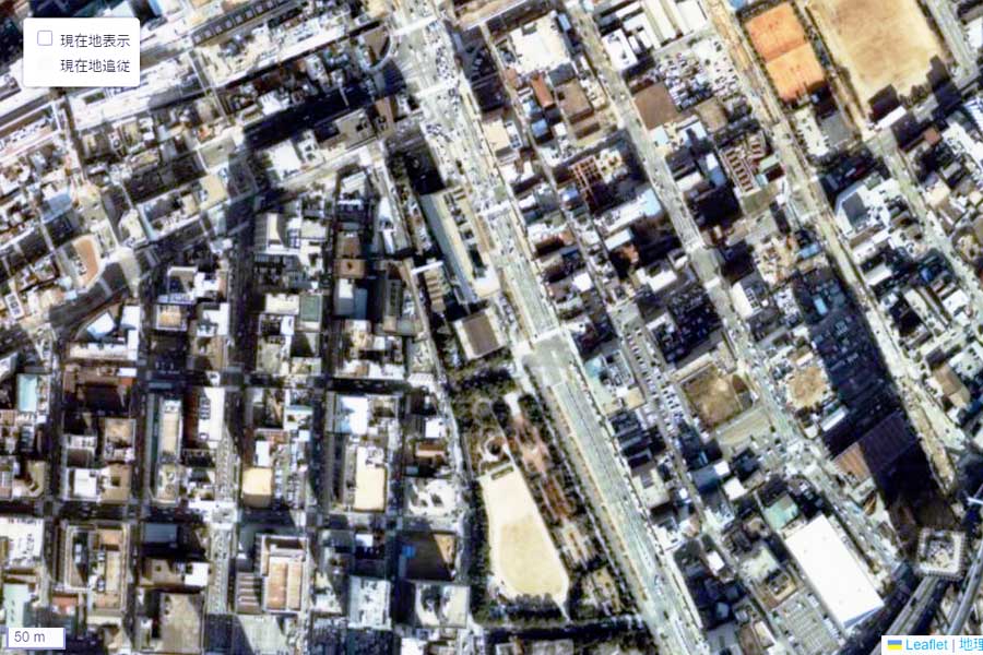 1980年頃の三宮・花時計前駅周辺の航空写真（画像：国土地理院）