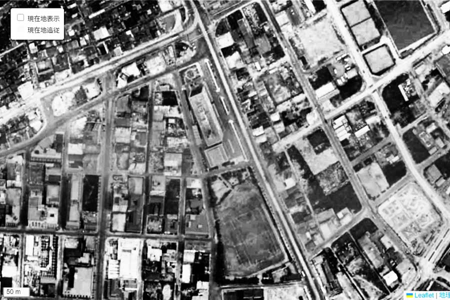 1963年頃の三宮・花時計前駅周辺の航空写真（画像：国土地理院）