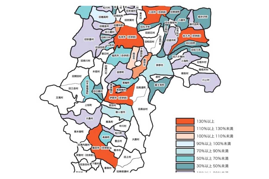 市町村吸引力係数（全品目平均）（画像：長野県）