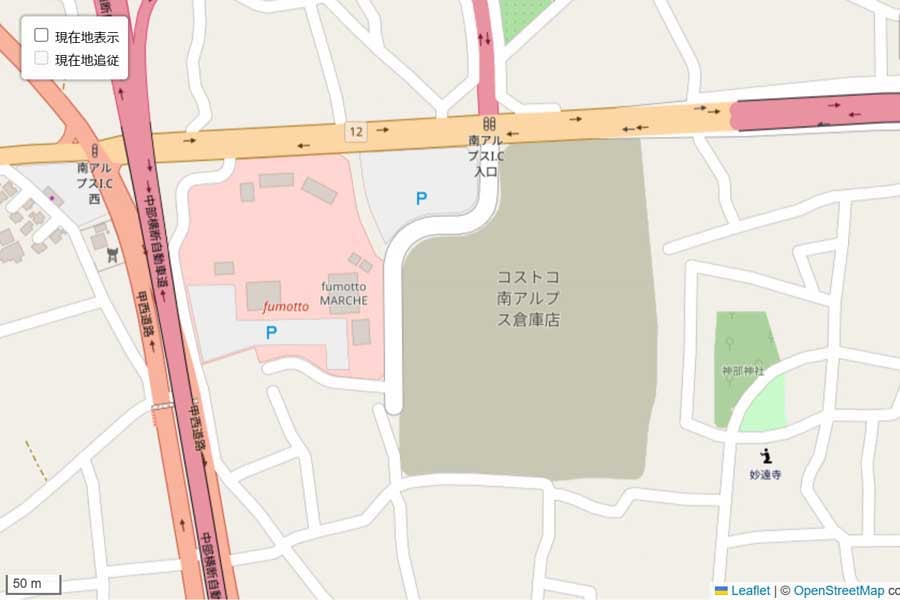 現在の「コストコ南アルプス倉庫店（仮称）」周辺の地図（画像：国土地理院）