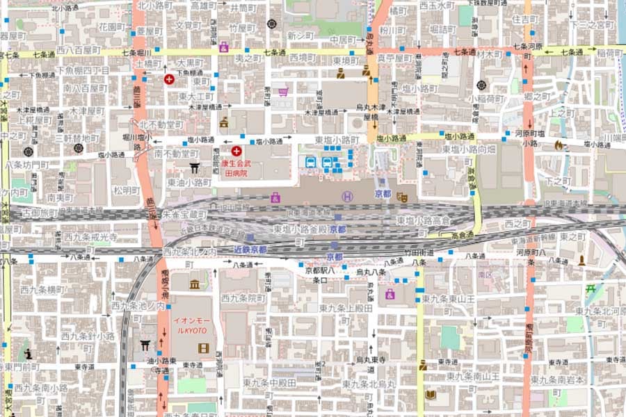 現在の「京都駅」周辺の地図（画像：国土地理院）