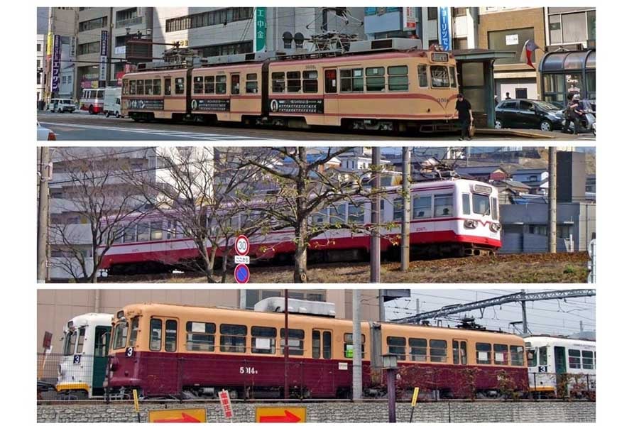 上から広島・北九州・熊本に散らばった元西鉄連節車たち。全てヘッドライトの位置が異なるが実は元々同じ顔、ほぼ同形式の兄弟電車だった。各地で見られた元西鉄連節車だが、筑鉄2000形については2022年までに全車廃車（福岡県内で2編成保存）、広島・熊本でも残るは1編成のみとなっている（撮影：若杉優貴）