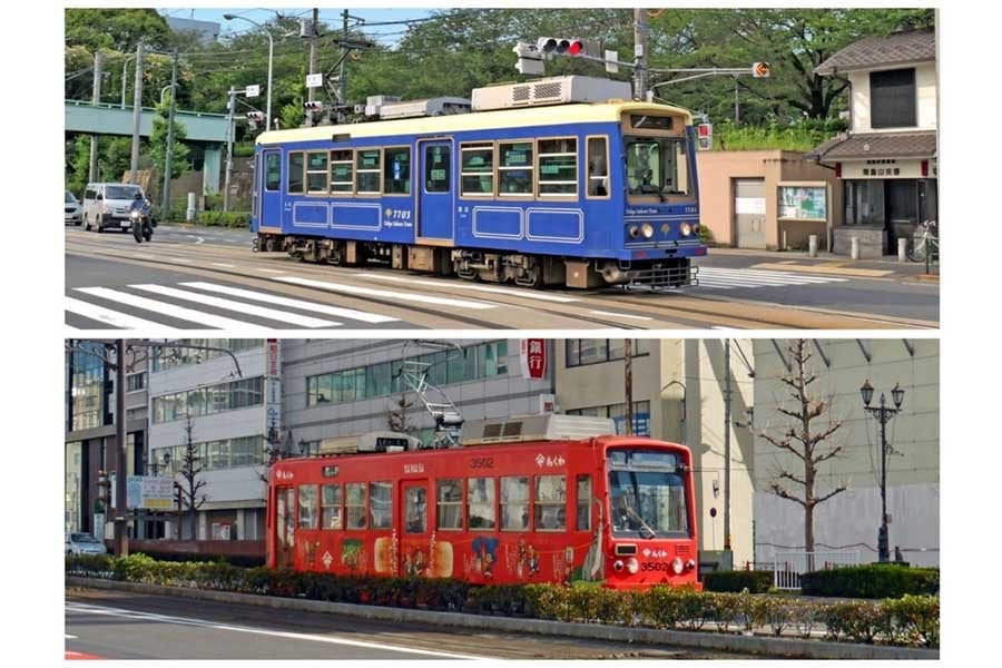 都電荒川線（上）と同じ顔の電車が走る豊橋鉄道。この「ヤマサちくわ号（3502号）」は1992年に都電から移籍してきた車両。2024年にはアニメ「負けヒロインが多すぎる！」にも登場した（画像：若杉優貴）