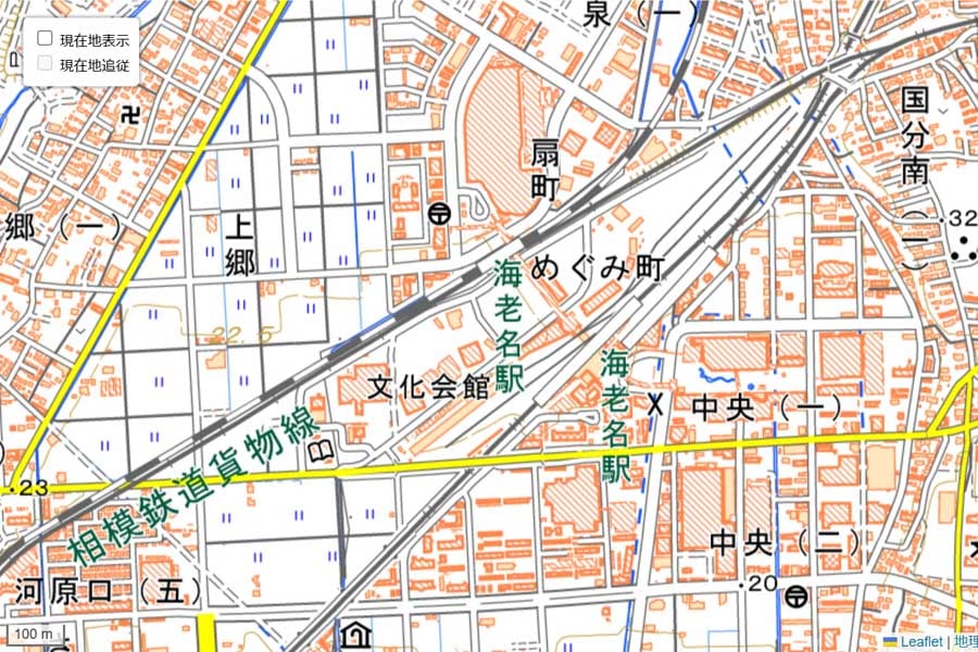 現在の「海老名駅」周辺の地図（画像：国土地理院）