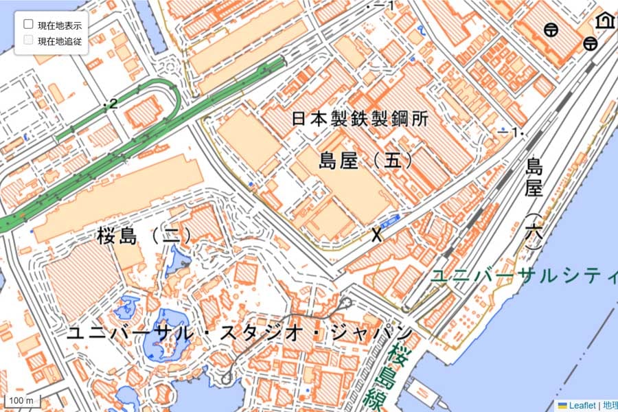 現在の「ユニバーサルシティ駅」周辺の地図（画像：国土地理院）