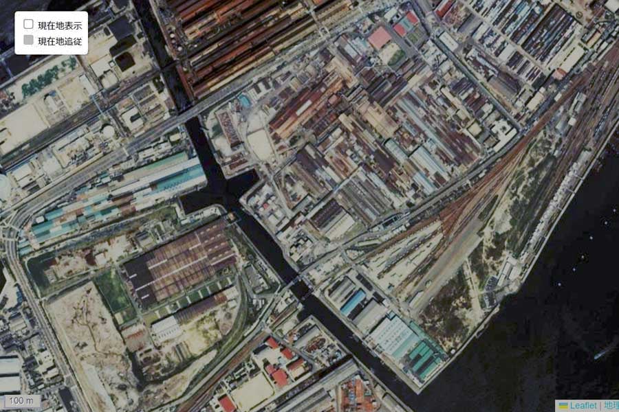 1980年ごろの「ユニバーサルシティ駅」周辺の航空写真。駅の開業は2001年（画像：国土地理院）