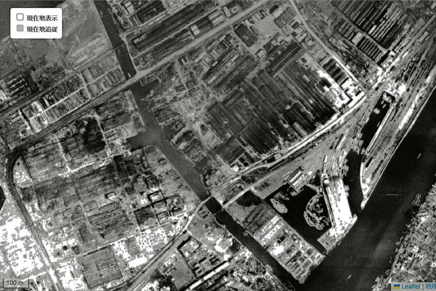 1947年ごろの「ユニバーサルシティ駅」周辺の航空写真。駅の開業は2001年（画像：国土地理院）