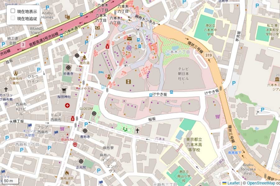 現在の「六本木ヒルズ」周辺の地図（画像：OpenStreetMap）