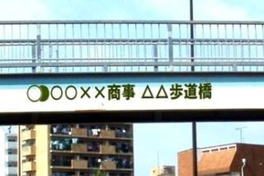 歩道橋の桁部分に企業名、商品名を入れた愛称を表示することができるネーミングライツ事業(画像:名古屋市)